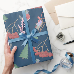 Papier Cadeau Oiseaux de Noël et coudes Bleus