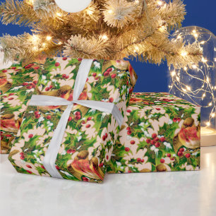 Papier Cadeau Oiseaux de Noël Vintage Holly Faux Motif d'or