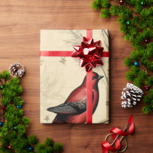 Papier Cadeau Oiseaux de Noël vintage houx baie