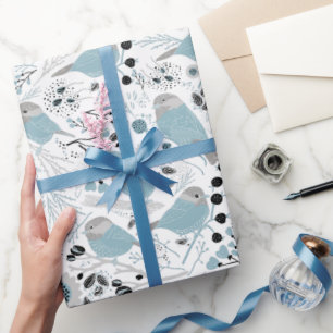 Papier Cadeau Oiseaux de poulet Fleurs gris bleu mignonnes Berri