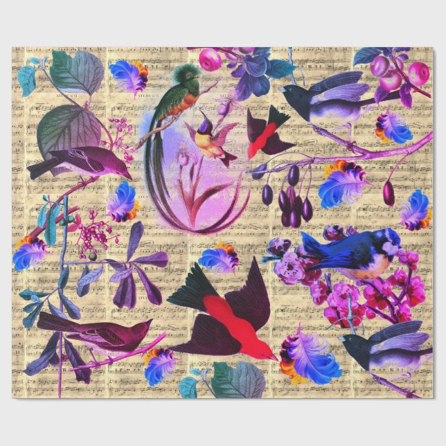 Papier Cadeau OISEAUX DE PRINTEMPS, PLUMES, FRUITS Notes de musi (Plat)
