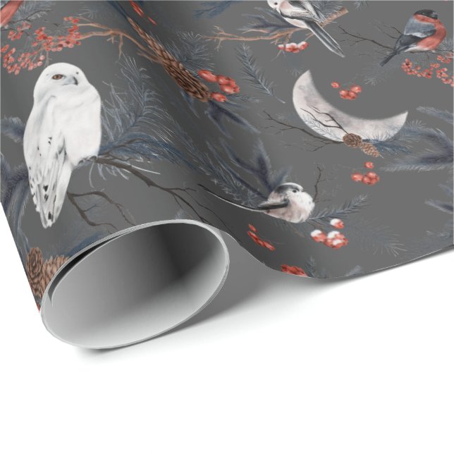 Papier Cadeau Oiseaux D'Hiver Avec Chouette Neige (Coin rond)