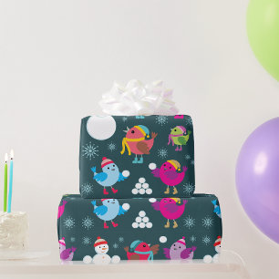 Papier Cadeau Oiseaux d'hiver jouant dans la neige avec un bonho
