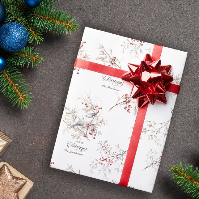 Papier Cadeau Oiseaux d'hiver simples Baies rouges Noël (Créateur téléchargé)
