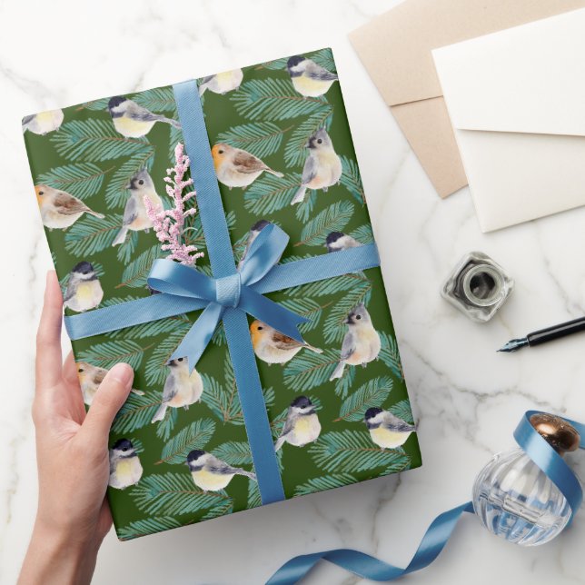 Papier Cadeau Oiseaux d'hiver sur une branche de pin (Cadeaux)