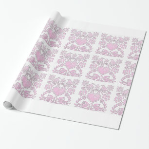 Papier Cadeau Oiseaux et cœurs d'amour roses et blancs