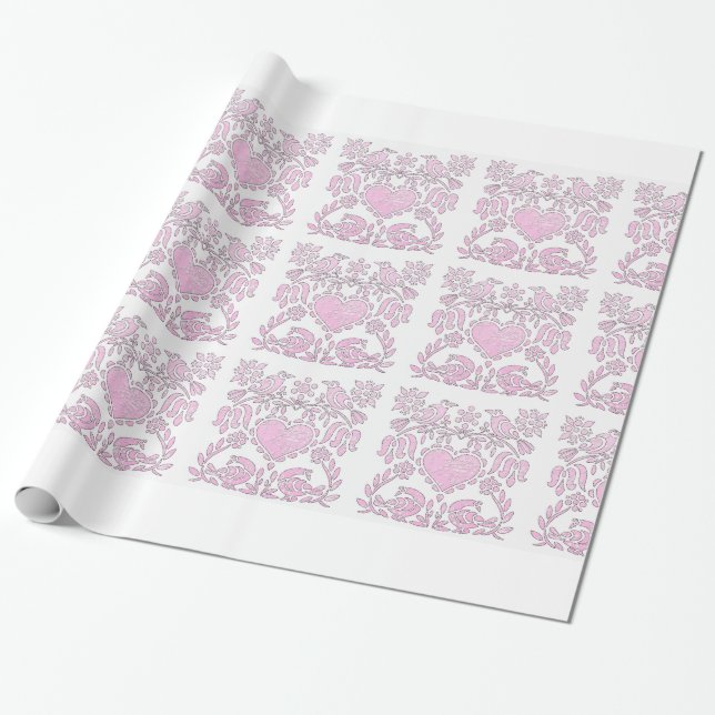 Papier Cadeau Oiseaux et cœurs d'amour roses et blancs (Déroulé)