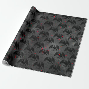 Papier Cadeau Oiseaux et coeurs noirs sur gris