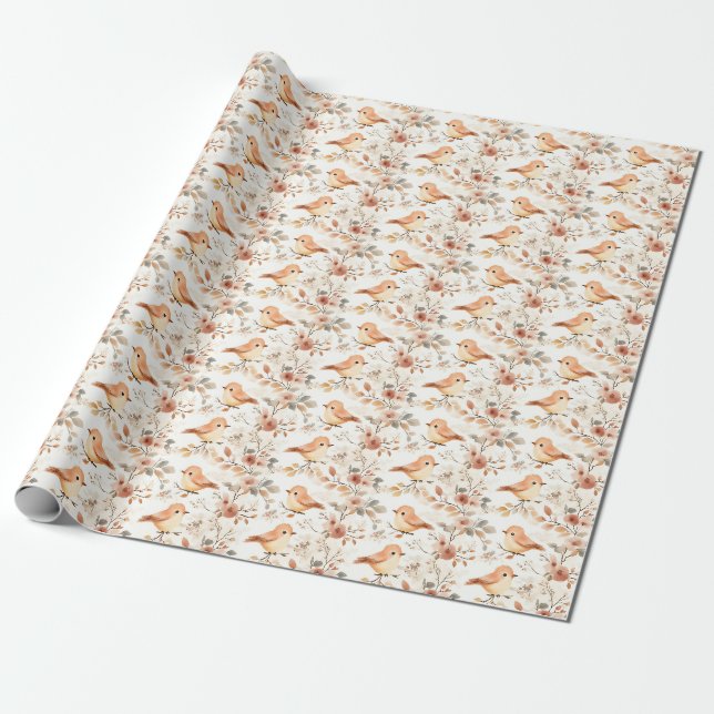 Papier Cadeau Oiseaux et fleurs à l'aquarelle sur fond blanc (Déroulé)
