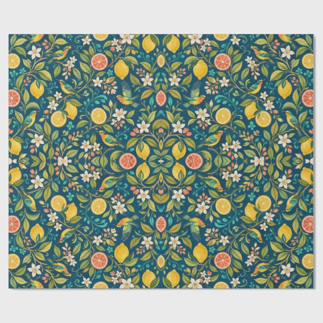 Papier Cadeau Oiseaux et Fleurs de Verger d'Agrume (Plat)