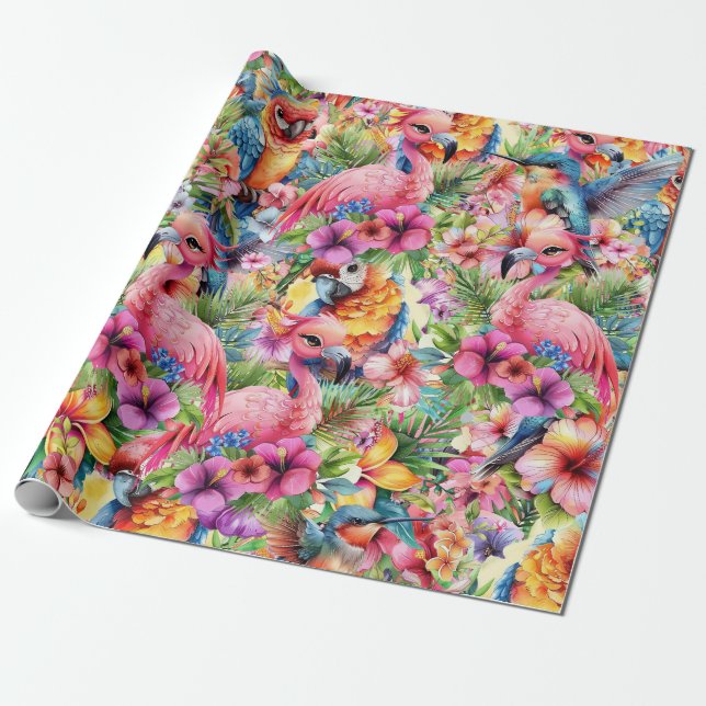 Papier Cadeau Oiseaux et fleurs tropicaux (Déroulé)