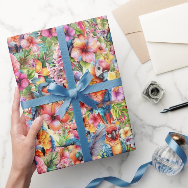 Papier Cadeau Oiseaux et fleurs tropicaux petits (Cadeaux)