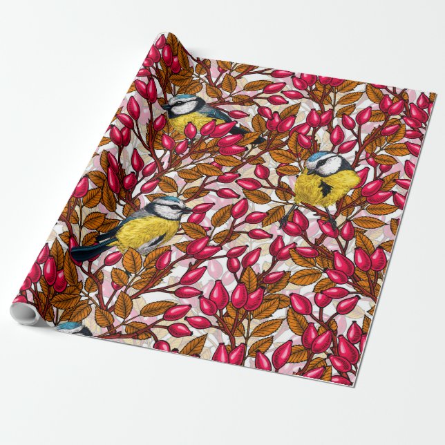 Papier Cadeau Oiseaux et hanches roses de chien (Déroulé)