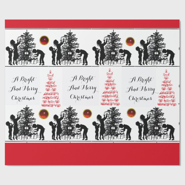 Papier Cadeau OISEAUX ET NOËL ARBRE BLANC Noir Rouge Gemmes (Plat)