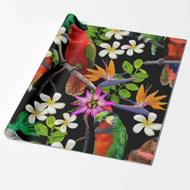 Papier Cadeau oiseaux exotiques et belles fleurs (Déroulé)
