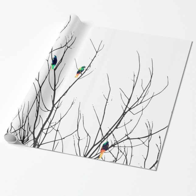 Papier Cadeau Oiseaux lumineux artistiques sur des branches (Déroulé)