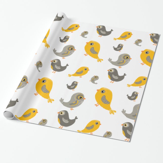 Papier Cadeau Oiseaux mignons - jaune et gris (Déroulé)
