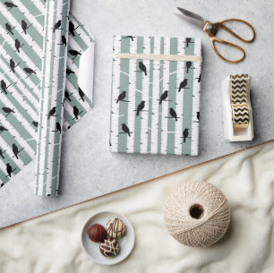 Papier Cadeau Oiseaux noirs perchés sur un tronc d'arbre Papier