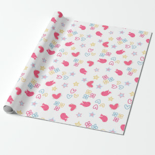 Papier Cadeau Oiseaux roses et Coeurs d'Amour