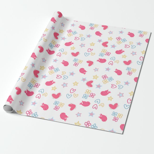 Papier Cadeau Oiseaux roses et Coeurs d'Amour (Déroulé)