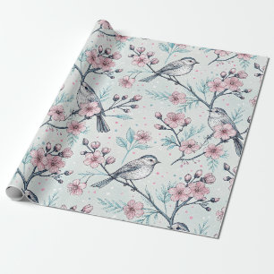Papier Cadeau Oiseaux sarcelle élégants Fleurs roses de cerisier