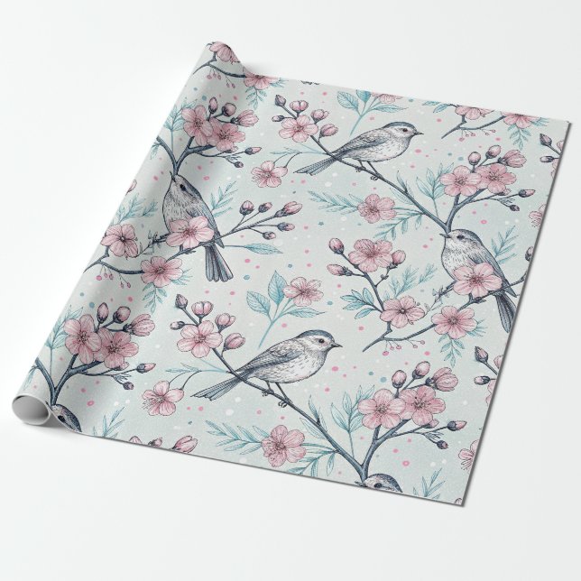 Papier Cadeau Oiseaux sarcelle élégants Fleurs roses de cerisier (Déroulé)