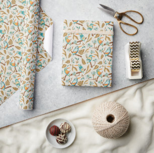 Papier Cadeau Oiseaux tropicaux et Feuilles dans les tons de la