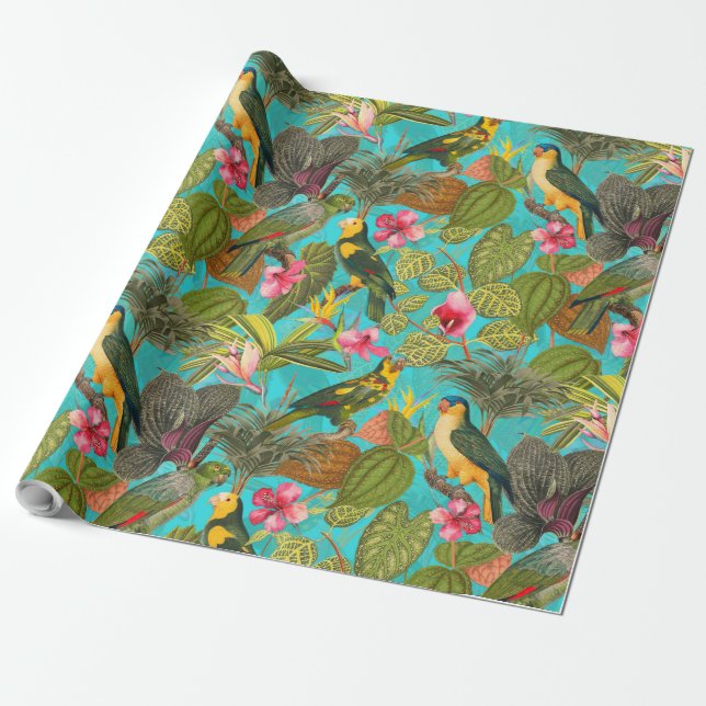 Papier Cadeau Oiseaux tropicaux et fleurs dans la Jungle motif - (Déroulé)