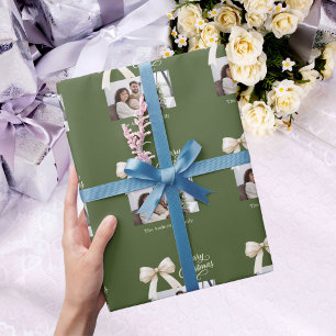 Papier Cadeau Olive green cream bow photo script Noël