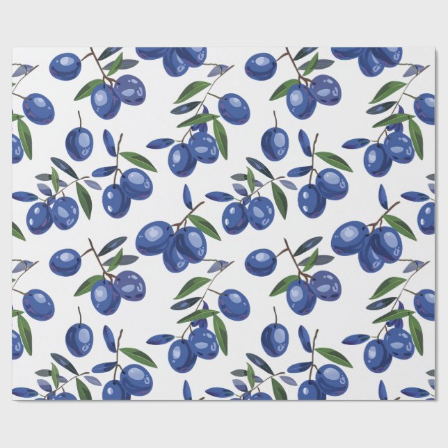 Papier Cadeau Olives méditerranéennes bleues et blanches  (Plat)