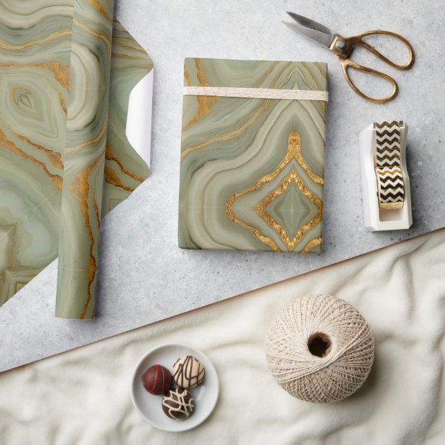 Papier Cadeau Onyx Vert Sauge Avec Or  (Artisanat)