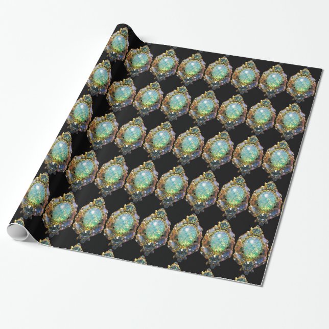 PAPIER CADEAU OPAL VERT BLEU, JEWEL OR ART NOUVEAU (Déroulé)