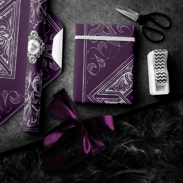 Papier Cadeau Opulence ornée | Fleurir de bijoux pourpre et arge (Créateur téléchargé)