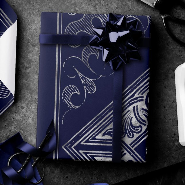 Papier Cadeau Opulence ornée | Flouris aux bijoux bleu et argent (Créateur téléchargé)