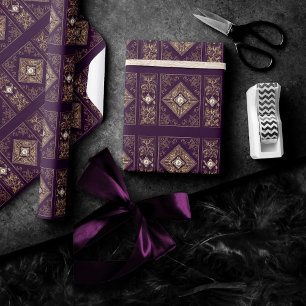 Papier Cadeau Opulence ornée Flouris pourpre et or bijoux