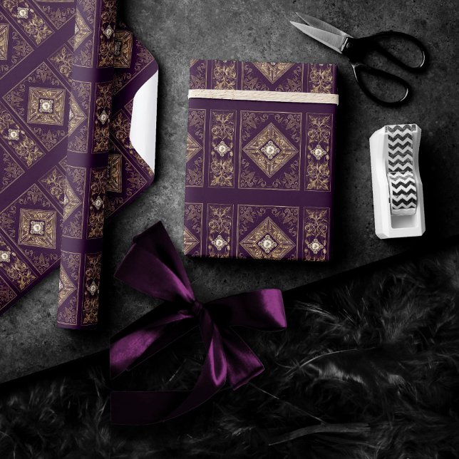 Papier Cadeau Opulence ornée | Flouris pourpre et or bijoux (Créateur téléchargé)