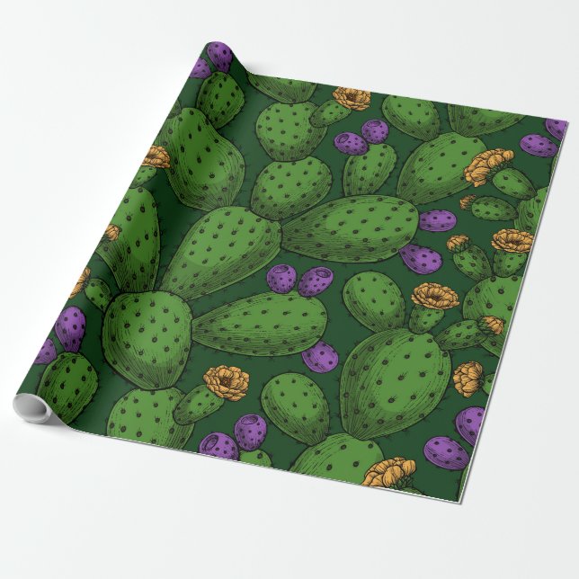 Papier Cadeau Opuntie de floraison sur vert foncé (Déroulé)