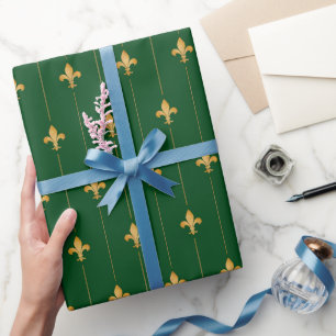 Papier Cadeau Or antique Fleur-de-Lis vert foncé