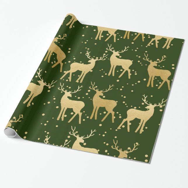 Papier Cadeau Or Antler Reindeer Elegant Vert | Pois (Déroulé)