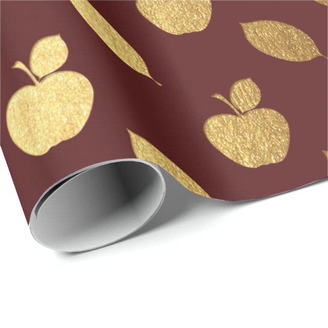 Papier Cadeau Or Bourgogne Maroon Fruits de pomme métallique (Coin rond)