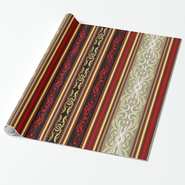 Papier Cadeau Or, Damas rouge Victorian Stripe Wrappe Papier (Déroulé)