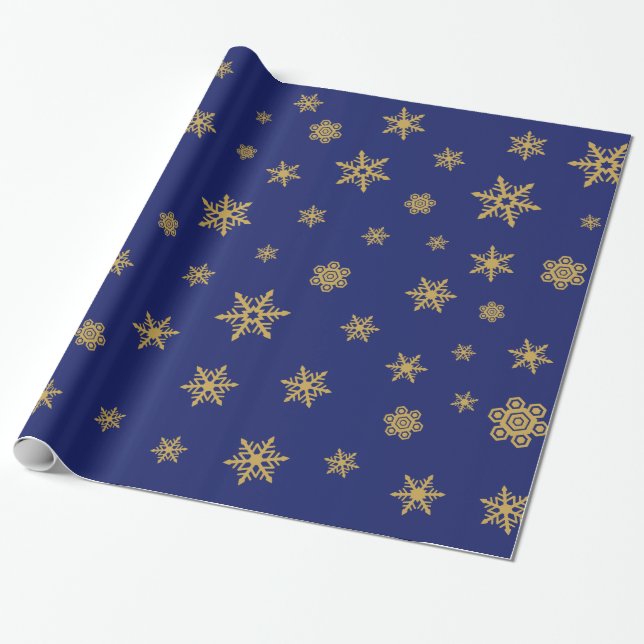 Papier Cadeau Or de motif de flocons de neige sur le bleu (Déroulé)