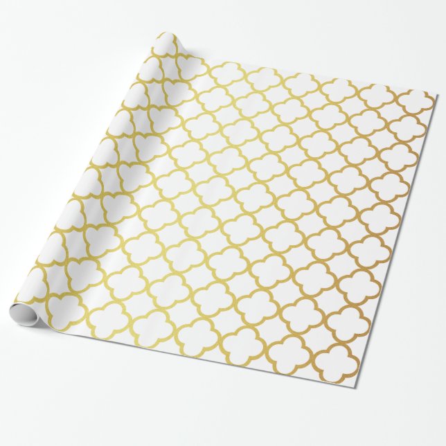 Papier Cadeau Or élégant et Quatrefoil blanc géométriques (Déroulé)
