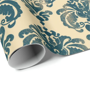 Papier Cadeau Or et Bleu Vintage Rustique Moderne Glamour Damass