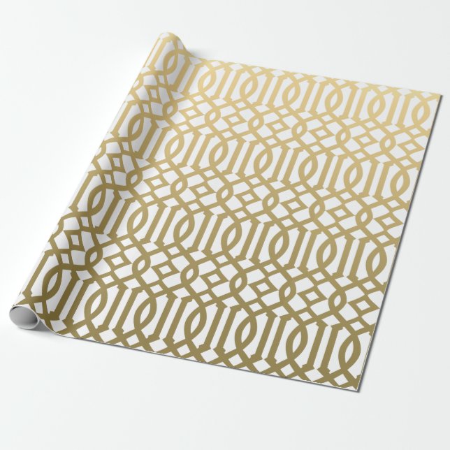 Papier Cadeau Or et motif moderne blanc de treillis (Déroulé)
