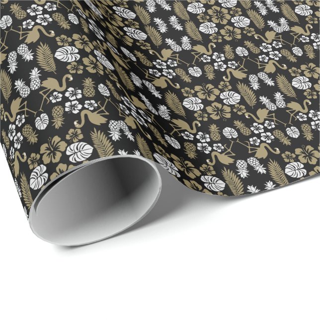 Papier Cadeau Or Floral Tropical Motif (Coin rond)