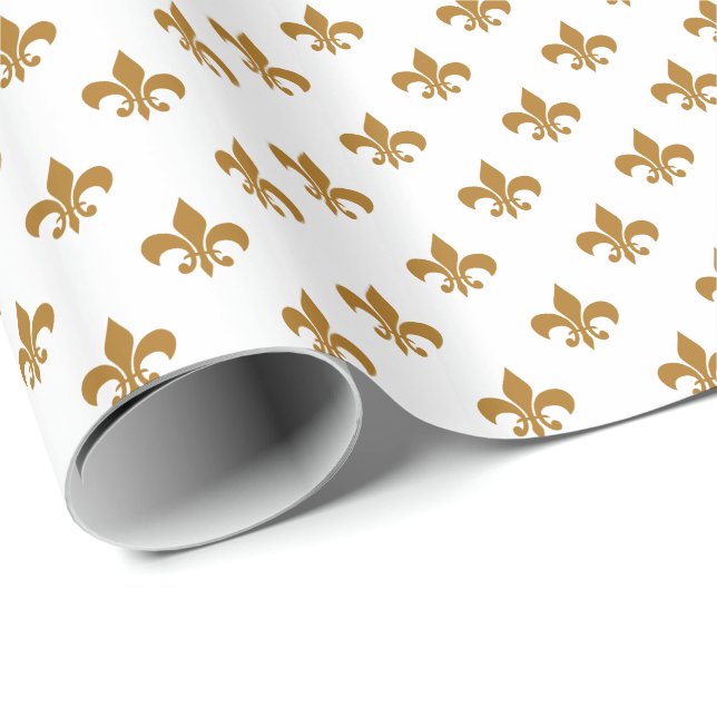 Papier Cadeau Or mat Fleur-de-lis sur Blanc (Coin rond)