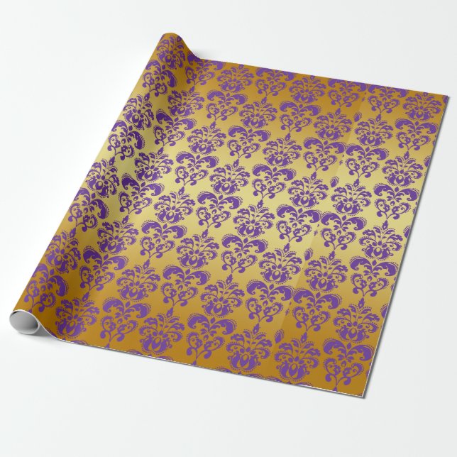 Papier Cadeau Or, motif pourpre 2 de damassé (Déroulé)