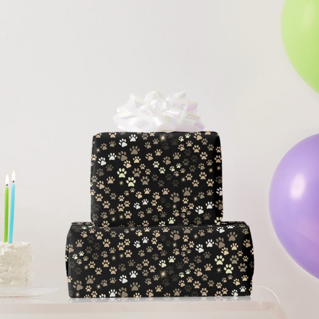 Papier Cadeau Or noir Empreintes de patte argentées (Cadeaux de fête)