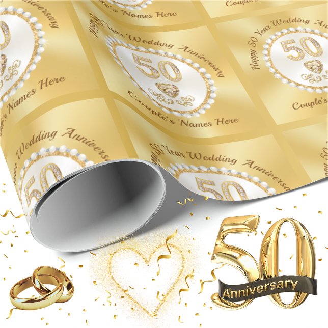 Papier Cadeau Or personnalisé, papier d'enveloppement du 50e ann (50th Anniversary Wrapping Paper. Personalized 50th Wedding Anniversary Gift Wrap. Golden Anniversary)